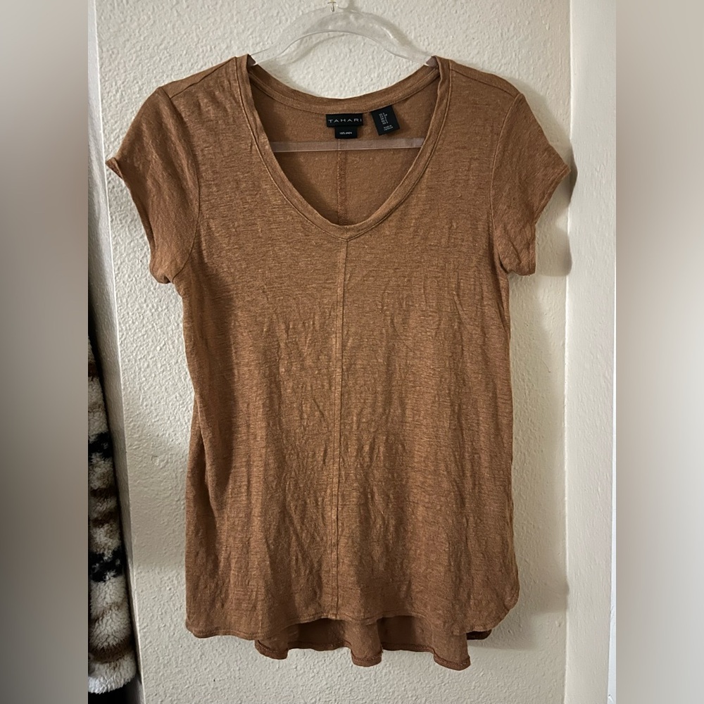 Tahari Tan V-Neck Linen T-Shirt size Small - Picture 2 of 8